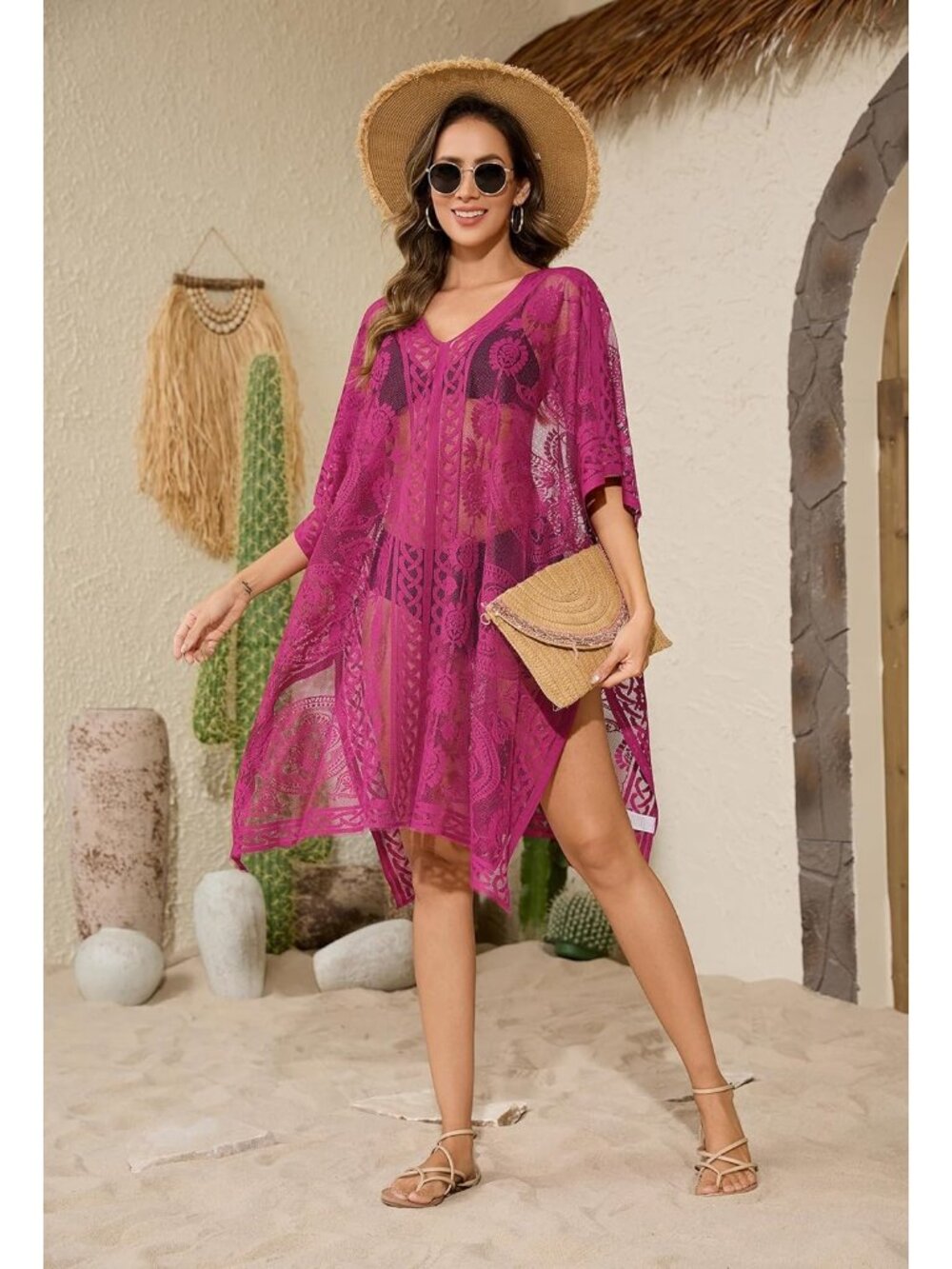Women's Rose Red Cover Up Bathing Suit V-Neck & half kaftan sleeves - Picture 4 of 7